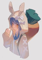 Rule 34 | 1girl, alternate costume, animal ears, aran sweater, ascot, blue ascot, blue hair, blush, bow, cable knit, candy, cardigan, carrot, closed mouth, collared shirt, commentary, cropped torso, eating, fce 9, food, food in mouth, from side, highres, hikimayu, holding, holding candy, holding food, holding lollipop, hololive, hood, hood up, hooded cardigan, lollipop, long hair, long sleeves, looking at viewer, looking to the side, multicolored hair, orange eyes, oversized food, oversized object, rabbit ears, rabbit girl, shirt, short eyebrows, sidelocks, simple background, sleeves past wrists, solo, standing, strap, sweater, thick eyebrows, two-tone hair, upper body, usada pekora, virtual youtuber, white background, white bow, white cardigan, white hair, white shirt
