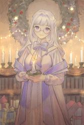 Rule 34 | 1girl, blush, book, bookshelf, bow, box, breasts, candle, candlestand, commentary request, fujie-yz, gift, gift box, glasses, highres, holding, holding candle, indie virtual youtuber, indoors, long hair, long sleeves, looking at viewer, purple robe, robe, silver hair, smile, solo, virtual youtuber, wreath