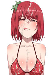 Rule 34 | 1girl, absurdres, bad id, bad pixiv id, bikini, breasts, cleavage, condensed milk, cum, facial, food-themed hair ornament, food print, hair ornament, half-closed eyes, highres, original, personification, red eyes, red hair, simple background, solo, strawberry bra, strawberry hair ornament, strawberry print, suggestive fluid, swimsuit, tongue, tuskryo, upper body, white background