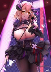 Rule 34 | 1girl, :q, absurdres, azur lane, bare shoulders, black choker, black corset, black dress, black pantyhose, black sleeves, blonde hair, blush, breasts, brown eyes, choker, cleavage, collarbone, commentary request, corset, cowboy shot, cross, crossed bangs, detached sleeves, dress, frilled dress, frills, hair between eyes, headgear, highres, holding, holding microphone stand, idol, iron cross, large breasts, light particles, looking at viewer, microphone stand, miki miki, multicolored hair, pantyhose, red hair, roon (azur lane), roon (muse) (azur lane), short hair, sidelocks, signature, sleeveless, sleeveless dress, smile, solo, stage, standing, streaked hair, tongue, tongue out