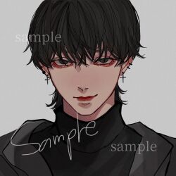 Rule 34 | 1boy, bishounen, black eyes, black hair, black sweater, closed mouth, commission, crooked smile, ear piercing, earrings, grey background, grey jacket, jacket, jewelry, kagoya1219, light smile, long bangs, looking at viewer, male focus, open clothes, open jacket, original, piercing, portrait, sample watermark, short hair, simple background, solo, straight-on, sweater, turtleneck, turtleneck sweater, watermark