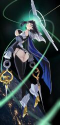 Rule 34 | 1girl, ass, black hair, blue hair, breasts, cape, detached sleeves, frilled sleeves, frills, from behind, gloves, hair intakes, head tilt, highres, hololive, hololive english, hz (helu 2), large breasts, looking at viewer, looking back, ouro kronii, short hair, sideboob, solo, space, thighhighs, underboob, virtual youtuber