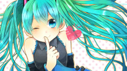 Rule 34 | 1girl, aqua eyes, aqua hair, bare shoulders, detached sleeves, finger to mouth, hatsune miku, heart, highres, long hair, mina m, mochizuki mina, necktie, one eye closed, smile, solo, twintails, vocaloid, wink