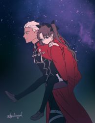 Rule 34 | 1boy, 1girl, archer (fate), blue eyes, brown hair, byulrorqual, carrying, fate/stay night, fate (series), gradient background, piggyback, sky, tan, tohsaka rin