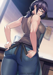 Rule 34 | 1girl, absurdres, apron, artist name, ass, bare shoulders, black-framed eyewear, blunt bangs, blurry, blurry background, breasts, brown eyes, brown shirt, closed mouth, denim, depth of field, from behind, glasses, highres, indoors, jeans, kagematsuri, large breasts, looking at viewer, looking back, mature female, medium hair, mole, mole under mouth, original, pants, purple hair, shirt, sleeveless, sleeveless shirt, solo, standing