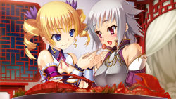 Rule 34 | 2girls, :d, architecture, arm cuffs, armband, armlet, armor, arms up, bare shoulders, bed, bedroom, blonde hair, blue eyes, blush, bow, bowtie, bracelet, breastplate, breasts, buttons, chinese clothes, chopsticks, cleavage, cleavage cutout, clothing cutout, collared shirt, crab, curtains, drill hair, east asian architecture, eating, eye contact, eyebrows, feeding, female focus, food, frills, fringe trim, gakushin, game cg, gold, hair ornament, head tilt, heads together, high collar, hikage eiji, holding, indoors, jewelry, kantaka, katagiri hinata, koihime enbu, koihime musou, lobster, lobster claw, looking at another, medium breasts, multiple girls, night, night sky, non-web source, open mouth, out of frame, pillow, pink ribbon, plate, pleated, purple eyes, purple ribbon, ribbon, ribbon trim, scar, scar across eye, scar on face, shirt, short hair, silver hair, sitting, sky, sleeveless, sleeveless shirt, small breasts, smile, sousou (koihime musou), tongue, twin drills, twintails, upper body, vegetable, wall, wallpaper, window, wrist cuffs, wristband, yuri