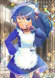 Rule 34 | apron, black thighhighs, blue eyes, blue hair, blurry, blurry background, brown gloves, collarbone, commentary request, commission, depth of field, final fantasy, final fantasy xiv, fingerless gloves, frilled apron, frills, gloves, grin, heart, kou hiyoyo, lalafell, long hair, long sleeves, looking at viewer, maid, maid apron, maid headdress, one eye closed, ponytail, puffy long sleeves, puffy sleeves, skeb commission, smile, thighhighs, v-shaped eyebrows, very long hair, white apron