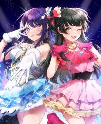 Rule 34 | 2girls, ;d, black hair, blush, cosplay, costume switch, gloves, glowstick, hair ornament, heart, heart hair ornament, highres, hoshino ai (oshi no ko), idolmaster, idolmaster shiny colors, layered skirt, long hair, looking at viewer, mayuzumi fuyuko, multiple girls, one eye closed, open mouth, oshi no ko, pink gloves, purple eyes, purple hair, reaching, reaching towards viewer, shinishi chiho, skirt, smile, spread the wings!! (idolmaster), stage lights, star-shaped pupils, star (symbol), symbol-shaped pupils, tongue, tongue out, v, very long hair, white gloves
