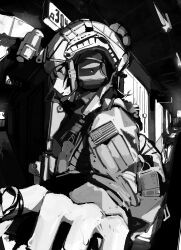 Rule 34 | 1girl, american flag, apartment, building, commentary, door, english commentary, from side, greyscale, gun, headphones, headset, helmet, highres, jacket, military uniform, monochrome, original, parted lips, profile, sign, sirayukisiu, solo, sweat, uniform, weapon
