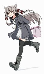 Rule 34 | 1girl, amatsukaze (kancolle), arms behind back, bento, boots, coat, commentary request, cross-laced footwear, dress, full body, grey background, grey coat, grey dress, grey footwear, grey thighhighs, hair tubes, highres, kantai collection, kazakura (kazakura js), lace-up boots, long hair, official alternate costume, running, silver hair, simple background, solo, thighhighs, two side up