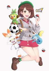 Rule 34 | 1girl, artist name, bag, ball, boots, brown eyes, brown hair, child, collarbone, creatures (company), dress, english text, female focus, game freak, gen 8 pokemon, gloria (pokemon), grey jacket, grookey, happy, hat, highres, holding, jacket, jumping, kicking, legs, looking at viewer, neck, nintendo, open mouth, pink dress, poke ball, pokemon, pokemon (creature), pokemon on arm, pokemon swsh, sarukaiwolf, scorbunny, shiny skin, short hair, simple background, size difference, sobble, soccer ball, socks, surprised, tam o&#039; shanter, thighs, white background
