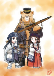 Rule 34 | 10s, 2girls, ainu clothes, amayadori machi, arrow (projectile), asirpa, bear, black eyes, black footwear, black hair, blunt bangs, boots, bow (weapon), buntaichou, cape, clenched hands, commentary request, crossover, dated, golden kamuy, gun, hat, headband, japanese clothes, kumamiko, long hair, low twintails, miko, multiple girls, rifle, sandals, scar, scarf, sugimoto saichi, trait connection, twintails, weapon