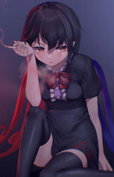 Rule 34 | 1girl, arm at side, asymmetrical wings, black hair, black thighhighs, blue wings, breasts, buttons, center frills, cigarette, eyelashes, feet out of frame, fingernails, frills, hair between eyes, highres, holding, holding cigarette, houjuu nue, kisamu (ksmz), looking at viewer, open mouth, pointy ears, purple background, red eyes, red wings, short hair, short sleeves, sidelocks, sitting, slit pupils, small breasts, smoke, smoking, solo, thighhighs, touhou, wings