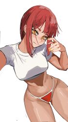 Rule 34 | 1girl, chainsaw man, crop top, cuaaaack, earrings, jewelry, looking at viewer, makima (chainsaw man), red hair, smile, thong, yellow eyes
