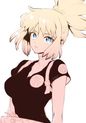 Rule 34 | 1girl, backpack, bag, belt buckle, black shirt, blonde hair, blue eyes, breasts, buckle, choker, commentary request, dr. stone, emblem, kohaku (dr. stone), long hair, looking at viewer, medium breasts, ninomae gin, parted lips, ponytail, rope belt, shirt, short sleeves, simple background, solo, upper body, v-neck, white background