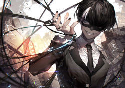 Rule 34 | 1boy, artist name, black hair, black nails, black necktie, character name, computer, domino mask, electricity, grin, kawacy, male focus, mask, monitor, nail polish, necktie, noblesse, short hair, smile, solo, tao (noblesse), television, upper body, white hair