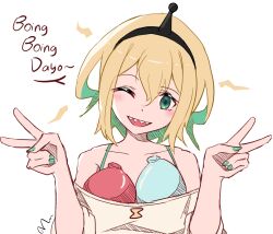 Rule 34 | 1girl, :d, amano pikamee, balloon, black hairband, blonde hair, blush, breast padding, collarbone, colored inner hair, commentary, double v, english commentary, english text, green eyes, green hair, green nails, hairband, highres, multicolored hair, off-shoulder shirt, off shoulder, one eye closed, open mouth, sakura dangooo, sharp teeth, shirt, short hair, simple background, smile, solo, speech bubble, teeth, upper body, upper teeth only, v, virtual youtuber, voms, water balloon, white background, white shirt