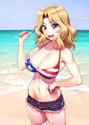 Rule 34 | 1girl, american flag bikini, bare shoulders, beach, bikini, blonde hair, blue eyes, blue sky, blush, breasts, cleavage, commentary request, cowboy shot, day, denim, denim shorts, flag print, girls und panzer, hand on own hip, hand up, highres, kay (girls und panzer), large breasts, long hair, looking at viewer, micro shorts, minazuki juuzou, navel, open mouth, outdoors, parted bangs, shadow, shiny skin, shorts, sidelocks, sky, solo, stomach, swimsuit, torn clothes, torn shorts