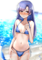 Rule 34 | 1girl, 3:, absurdres, arm at side, bare arms, bare shoulders, bikini, blue bikini, blush, breasts, brown eyes, closed mouth, collarbone, cowboy shot, day, embarrassed, frown, gluteal fold, hand on own chest, highres, idolmaster, idolmaster (classic), kisaragi chihaya, long hair, looking away, looking to the side, mabanna, navel, nose blush, ocean, outdoors, purple hair, ribbon, side-tie bikini bottom, signature, small breasts, solo, sparkle, stomach, swept bangs, swimsuit, water, wet, white ribbon