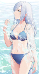 Rule 34 | 1girl, absurdres, alternate costume, bikini, black bikini, blurry, braid, breasts, chromatic aberration, cleavage, collared shirt, commentary, depth of field, english commentary, genshin impact, grey eyes, hair over one eye, highres, long bangs, long hair, long sleeves, looking at viewer, low ponytail, medium breasts, navel, see-through, see-through shirt, shenhe (genshin impact), shirt, sidelocks, simple background, single braid, sleeveless, sleeves rolled up, solo, stomach, swimsuit, white hair, white shirt, zx961219