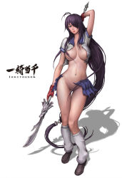 Rule 34 | 00s, 1girl, ahoge, aqua eyes, blush, breasts, censored, convenient censoring, curvy, fingerless gloves, glaive (polearm), gloves, green eyes, groin, guan dao, hair censor, hair over breasts, hair over one eye, hip focus, ikkitousen, kan&#039;u unchou, large breasts, lips, long hair, loose socks, navel, neongun, no bra, no panties, polearm, purple hair, school uniform, simple background, skirt, socks, solo, spear, standing, thigh gap, thighs, torn clothes, very long hair, weapon, wide hips