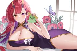 1girl absurdres bare_arms bare_shoulders breasts bug butterfly china_dress chinese_clothes cleavage cleavage_cutout clothing_cutout colored_inner_hair creature dress earrings floral_print flower gold_trim hand_up heterochromia highres holding horns insect jewelry kurenai_natsuki_(vtuber) large_breasts long_hair looking_at_viewer lying mole mole_under_eye multicolored_hair nannung no_panties on_stomach open_mouth pelvic_curtain pink_flower pointy_ears print_dress purple_dress purple_eyes purple_hair red_hair sleeveless sleeveless_dress smile solo stardays two-tone_hair virtual_youtuber yellow_eyes