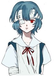 Rule 34 | 1girl, arm sling, artist name, ayanami rei, bandage over one eye, bandaged head, bandages, blouse, blue hair, blue skirt, collarbone, collared shirt, commentary request, expressionless, highres, neck ribbon, neon genesis evangelion, one eye covered, parted lips, red eyes, red ribbon, ribbon, school uniform, shirt, short hair, short sleeves, simple background, skirt, solo, suspender skirt, suspenders, three9moon, tokyo-3 middle school uniform, upper body, white background, white shirt