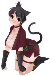 Rule 34 | 1girl, aka ume, animal ears, breasts, cat ears, cat tail, cleavage, fishnet thighhighs, fishnets, gloves, huge breasts, japanese clothes, kimono, large breasts, ninja, short kimono, simple background, solo, tail, thighhighs