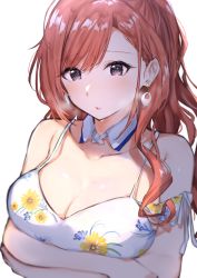 Rule 34 | 1girl, absurdres, arisugawa natsuha, bare shoulders, blush, breasts, cleavage, collarbone, crossed arms, detached collar, dress, earrings, floral print, grey eyes, highres, huge filesize, idolmaster, idolmaster shiny colors, jewelry, large breasts, long hair, looking at viewer, parted lips, ponytail, red hair, simple background, solo, swept bangs, swimsuit, takani0721, white dress