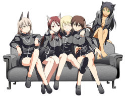 Rule 34 | 5girls, animal ears, barefoot, black hair, blonde hair, breasts, brown eyes, brown hair, cat ears, cleavage, couch, dog ears, eila ilmatar juutilainen, erica hartmann, fang, fox ears, francesca lucchini, gertrud barkhorn, ginga eiyuu densetsu, green eyes, grin, crossed legs, minna-dietlinde wilcke, multicolored hair, multiple girls, aged up, open clothes, open mouth, open shirt, panties, pantyshot, red eyes, red hair, shirt, sitting, smile, steed (steed enterprise), strike witches, two-tone hair, underwear, uniform, world witches series