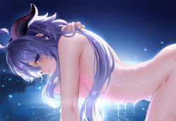 Rule 34 | 1girl, ahoge, all fours, backlighting, bathing, blue hair, breasts, closed mouth, commentary request, completely nude, duplicate, from side, ganyu (genshin impact), genshin impact, highres, horns, long hair, looking at viewer, looking to the side, medium breasts, neit ni sei, night, night sky, nude, outdoors, profile, purple hair, sideboob, sideways glance, sky, solo, very long hair, water