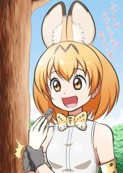 Rule 34 | 10s, 2girls, :d, ^^^, animal ears, arm grab, bad id, bad pixiv id, bare shoulders, blonde hair, blush, bow, bowtie, brown eyes, bug, cicada, commentary request, day, drooling, elbow gloves, gloves, hair between eyes, holding, insect, kaban (kemono friends), kemono friends, multiple girls, ogata nakkuru, open mouth, outdoors, serval (kemono friends), serval print, shirt, sleeveless, sleeveless shirt, smile, solo focus, translation request, tree, upper body, white shirt
