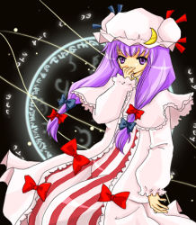 Rule 34 | 1girl, bad id, bad pixiv id, black background, female focus, hat, lco, long hair, lowres, magic circle, patchouli knowledge, purple hair, ribbon, sitting, solo, touhou