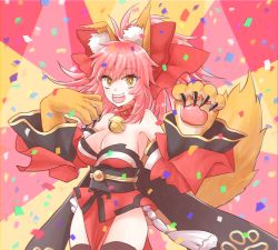 Rule 34 | 1girl, animal ears, bell, black thighhighs, breasts, cleavage, collar, fate/grand order, fate (series), female focus, fox ears, fox tail, hair ribbon, japanese clothes, kida (inekaru), large breasts, long hair, looking at viewer, neck bell, open mouth, pink hair, ribbon, solo, tail, tamamo (fate), tamamo cat (fate), tamamo cat (first ascension) (fate), tamamo no mae (fate/extra), thighhighs, yellow eyes