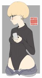 Rule 34 | 1girl, black-framed eyewear, black leotard, blonde hair, bowl cut, cellphone, closed mouth, clothes pull, commentary, cowboy shot, cropped legs, earrings, glasses, grey background, grey shorts, heattech leotard, highleg, highleg leotard, highres, holding, holding phone, ina (gokihoihoi), iphone, jewelry, leotard, logo, long sleeves, looking to the side, micro shorts, open clothes, open shorts, original, outside border, phone, ribbed leotard, short hair, shorts, shorts pull, smartphone, solo, standing, turtleneck