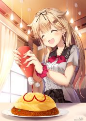 Rule 34 | 1girl, ^ ^, alternate costume, black sailor collar, black skirt, blazer, blonde hair, blouse, bottle, bow, ceiling, closed eyes, curtains, day, food, hair flaps, happy, heart, highres, indoors, jacket, kantai collection, ketchup bottle, long hair, nyum, omelet, omelet rice, omurice, plaid, plaid skirt, red bow, sailor collar, shirt, skirt, solo, upper body, white shirt, window, yuudachi (kancolle), yuudachi kai ni (kancolle)