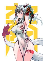 Rule 34 | 1girl, arknights, armpits, arms up, asymmetrical hair, bead bracelet, beads, blush, bracelet, braid, breasts, china dress, chinese clothes, colored skin, commentary, covered navel, cowboy shot, curvy, dragon girl, dragon horns, dragon print, dragon tail, dress, earrings, english commentary, flower knot, folded fan, folding fan, goro desu, hair between eyes, hand fan, highres, holding, holding fan, horns, jewelry, large breasts, looking at viewer, medium hair, multicolored hair, multicolored skin, nian (arknights), nian (unfettered freedom) (arknights), official alternate costume, parted lips, pelvic curtain, ponytail, purple eyes, red hair, red skin, see-through silhouette, side braid, side slit, silver hair, simple background, single braid, sleeveless, sleeveless dress, slit pupils, smile, solo, standing, streaked hair, tail, tassel, tassel earrings, thighs, twitter username, two-tone hair, white background, white dress