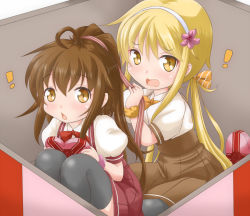 Rule 34 | !, 10s, 2girls, adjusting another&#039;s hair, ahoge, alternate costume, alternate hairstyle, black legwear, blonde hair, blush, bow, box, brown eyes, brown hair, commentary request, diagonal stripes, flower, fumizuki (kancolle), gift, gift box, hair bow, hair flower, hair ornament, hairband, heart-shaped box, in box, in container, jack (slaintheva), kantai collection, long hair, looking at viewer, low twintails, multiple girls, on box, open mouth, pantyhose, ponytail, puffy short sleeves, puffy sleeves, satsuki (kancolle), short sleeves, sidelocks, squatting, striped, striped bow, thighhighs, twintails, valentine, yellow eyes