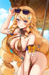 Rule 34 | 1girl, absurdres, animal print, bare shoulders, beach, beach umbrella, blonde hair, blue eyes, blue sky, blush, breasts, cleavage, closed mouth, commentary, detached collar, drill hair, drill sidelocks, earrings, english commentary, eyewear on head, foxyreine, genshin impact, highleg, highres, jewelry, large breasts, leopard print, long hair, looking at viewer, navia (genshin impact), necklace, one-piece swimsuit, sidelocks, sky, slingshot swimsuit, smile, solo, sunglasses, swimsuit, thighs, umbrella, variant set, vision (genshin impact)
