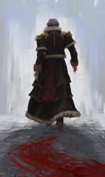 Rule 34 | 1boy, absurdres, black coat, black footwear, blood, blood on ground, blood on hands, blood trail, brown hair, coat, commentary, emet-selch, english commentary, epaulettes, facing away, final fantasy, final fantasy xiv, from behind, full body, fur-trimmed coat, fur trim, garlean, gloves, highres, male focus, short hair, signature, solo, stone floor, un.i (protorc), walking away, white gloves