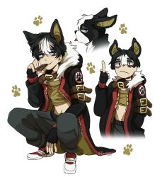 Rule 34 | 1boy, animal collar, animal ears, arm belt, bags under eyes, black coat, black gloves, black hair, black pants, blue eyes, boston terrier, brown collar, closed mouth, coat, collar, commentary, crop top, deviidog0, diamond wa kudakenai, dog, dog boy, dog ears, english commentary, fingerless gloves, full body, fur-trimmed coat, fur-trimmed hood, fur trim, gloves, hand in pocket, hand up, highres, hood, hooded coat, iggy (jojo), jojo no kimyou na bouken, looking at viewer, male focus, middle finger, mouth hold, multicolored hair, multiple views, pants, paw print, personification, shoes, short hair, simple background, squatting, stomach, two-tone hair, very short hair, white background, white footwear, white hair