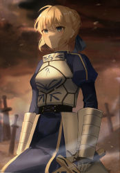Rule 34 | 1girl, absurdres, ahoge, armor, armored dress, artoria pendragon (all), artoria pendragon (fate), bad id, bad pixiv id, battlefield, blonde hair, braid, cloud, cloudy sky, excalibur (fate/stay night), eyebrows hidden by hair, fate/stay night, fate (series), green eyes, hair between eyes, highres, holding, holding sword, holding weapon, kyo (maae00), saber (fate), sky, solo, sword, weapon