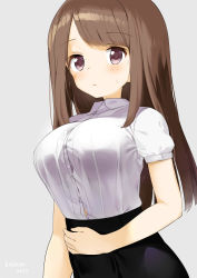 Rule 34 | 1girl, artist name, blouse, blush, breasts, brown eyes, brown hair, bursting breasts, dated, grey background, kaisen chuui, large breasts, long hair, original, pencil skirt, shirt, shirt tucked in, simple background, skirt, solo, sweatdrop, white shirt