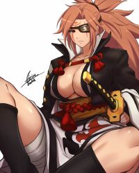 Rule 34 | 1girl, airisubaka, artist name, baiken, breasts, cleavage, eyepatch, guilty gear, highres, japanese clothes, kimono, large breasts, long hair, pink eyes, pink hair, ponytail, sash, sheath, sheathed, simple background, sitting, solo, sword, weapon, white background