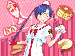 Rule 34 | 1girl, :p, aika granzchesta, andanden, aria (manga), asymmetrical bangs, blue hair, blush, bow, bowtie, breasts, brown eyes, cake, dessert, earrings, eyelashes, fingerless gloves, food, food on face, fruit, gloves, hand up, hat, highres, hime granzchesta, holding, holding plate, holding spoon, jewelry, long hair, looking at viewer, mochi, one eye closed, pancake, parfait, pink background, plate, red bow, red bowtie, red gloves, red hat, sailor collar, short sleeves, single glove, small breasts, solo, spoon, strawberry, tongue, tongue out, twintails, two-tone headwear, upper body, white hat
