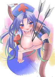 Rule 34 | 1girl, arrow (projectile), bad id, bad pixiv id, between breasts, blue hair, blush, bow (weapon), breast hold, breasts, female focus, from above, large breasts, lips, nipples, open clothes, open shirt, purple eyes, shirt, solo, suzune kotora, touhou, weapon, yagokoro eirin, yuhren