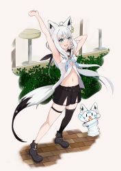 Rule 34 | 1girl, absurdres, ahoge, animal ear fluff, animal ears, armpits, arms up, bare arms, black footwear, black shorts, black thighhighs, blue neckerchief, braid, breasts, commentary request, detached sleeves, earrings, fox ears, fox girl, fox tail, green eyes, hair between eyes, highres, hololive, hood, hoodie, jewelry, key, long hair, looking at viewer, midriff, navel, neckerchief, open mouth, shirakami fubuki, shirakami fubuki (1st costume), short shorts, shorts, sidelocks, single braid, single thighhigh, small breasts, stretching, sukonbu (shirakami fubuki), surume (hex mu), tail, thigh strap, thighhighs, virtual youtuber, white hair, white hoodie