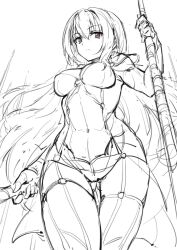 Rule 34 | 1girl, armor, bodysuit, breasts, fate/grand order, fate (series), from below, gae bolg (fate), gluteal fold, haoni, long hair, medium breasts, monochrome, pauldrons, perky breasts, polearm, scathach (fate), shoulder armor, sketch, skin tight, sky, solo, spear, thick thighs, thigh gap, thighs, very long hair, weapon, wide hips