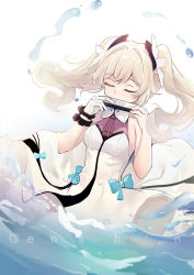 Rule 34 | 1girl, barbara (genshin impact), closed eyes, commentary request, copyright name, dress, drill hair, genshin impact, gloves, hair between eyes, harmonica, highres, holding, holding instrument, in water, instrument, light brown hair, long hair, music, playing instrument, qingye ling, sidelocks, single glove, solo, twin drills, twintails, white dress, white gloves
