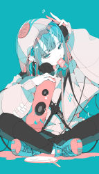 Rule 34 | 1girl, absurdres, beamed eighth notes, black pants, blue background, blue eyes, blue footwear, chest harness, eighth note, fork, harness, headphones, highres, hood, hooded jacket, jacket, kafu (cevio), mouth hold, music, musical note, nocopyrightgirl, pale skin, pants, piercing, plate, red footwear, shoes, sneakers, solo, speaker, two-tone footwear, vocaloid